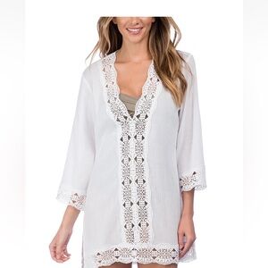 La Blanca White Island Fare Crochet Trim Tunic Swimsuit Cover Up